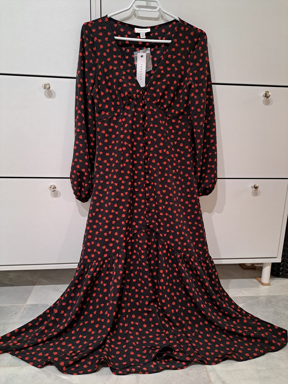 Topshop Black Maxi Dress with Red Floral Print